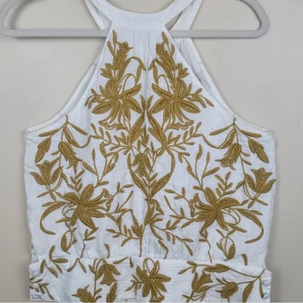 Vanessa Virginia embroidered linen crop with delicate button detail top US 10